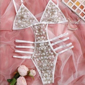 SHEIN white floral lace mesh cut out cut-out lingerie teddy NEW